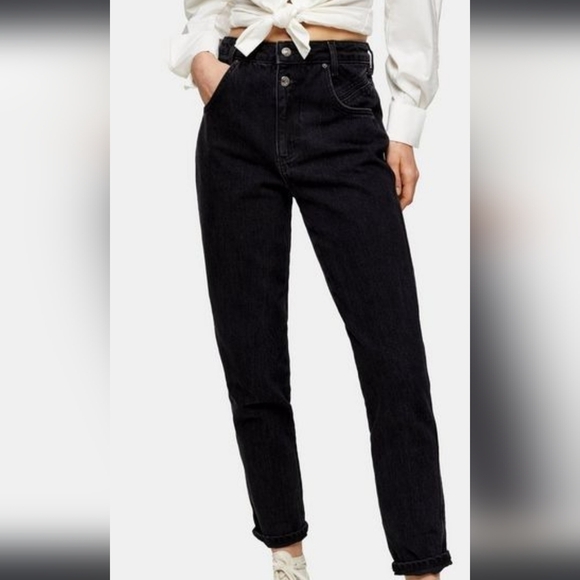 Topshop Mom Washed Black Double Button Tapered Jeans Size W30 x L32 - Picture 2 of 15